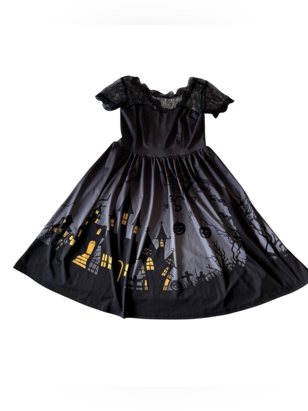 Goth Halloween Dress Black Gray Yellow Lace Haunted House Print Stretch Adult
